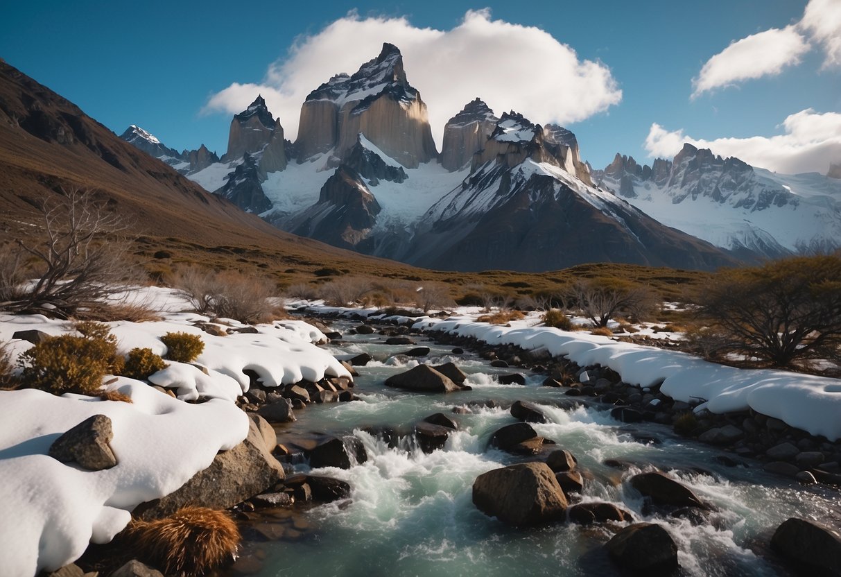 Snow-capped peaks of Torres del Paine loom over a serene snowshoeing trail in Chile. Rocky terrain and icy streams create a picturesque winter landscape