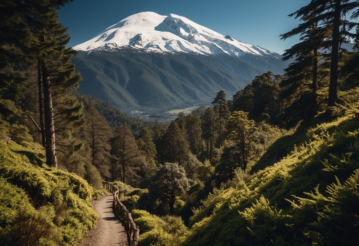 Snow-capped mountains surround a winding trail through the snowy wilderness of Pucon, Chile. The path is lined with tall trees and offers breathtaking views of the South American landscape