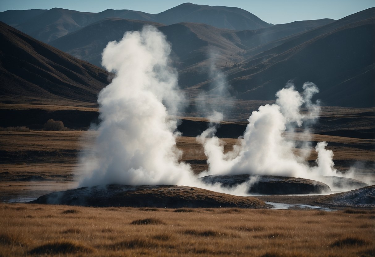 Steaming geysers erupting in snowy South American landscape