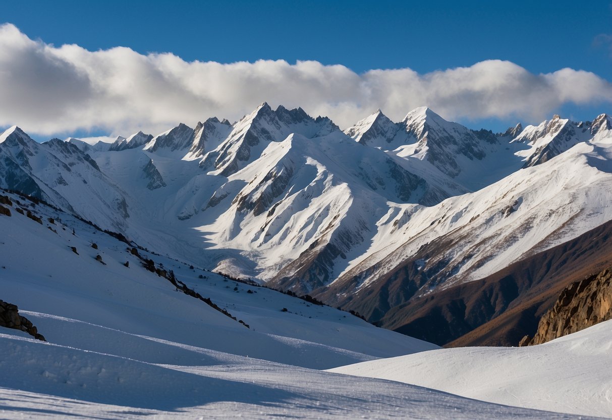 Snow-capped Andes mountains in winter. Clear blue skies, powdery snow. Ideal for snowshoeing