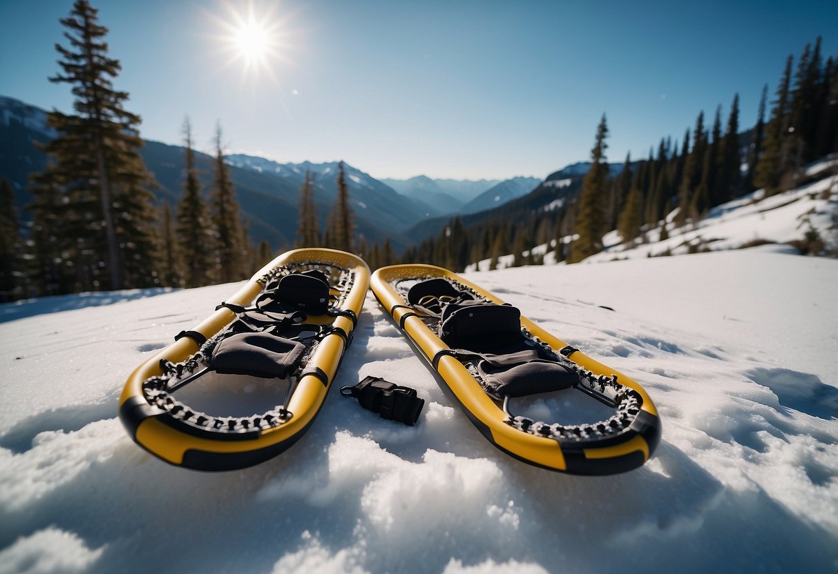 Snowshoes and backpack laid out on snowy trail map, surrounded by mountains and forests under a clear blue sky