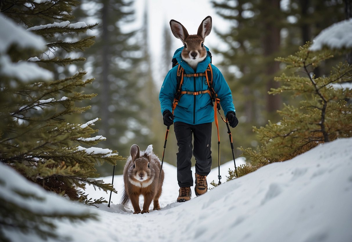 Snowshoer encounters wildlife: deer, rabbit, and squirrel. Keeps distance, avoids sudden movements. Carries bear spray, stays alert. Respects their space