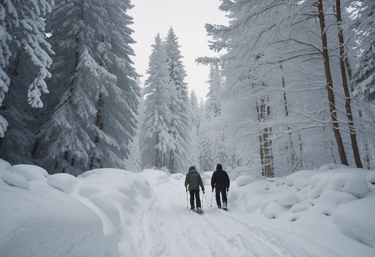 Snowshoer making noise to alert wildlife. Snow-covered trees, animal tracks in fresh snow, and a serene winter landscape