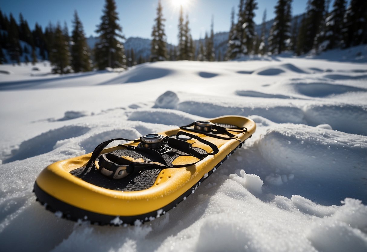 Snowshoes and bear spray lie against a snowy backdrop. Animal tracks lead into the distance. Snow-capped trees frame the scene