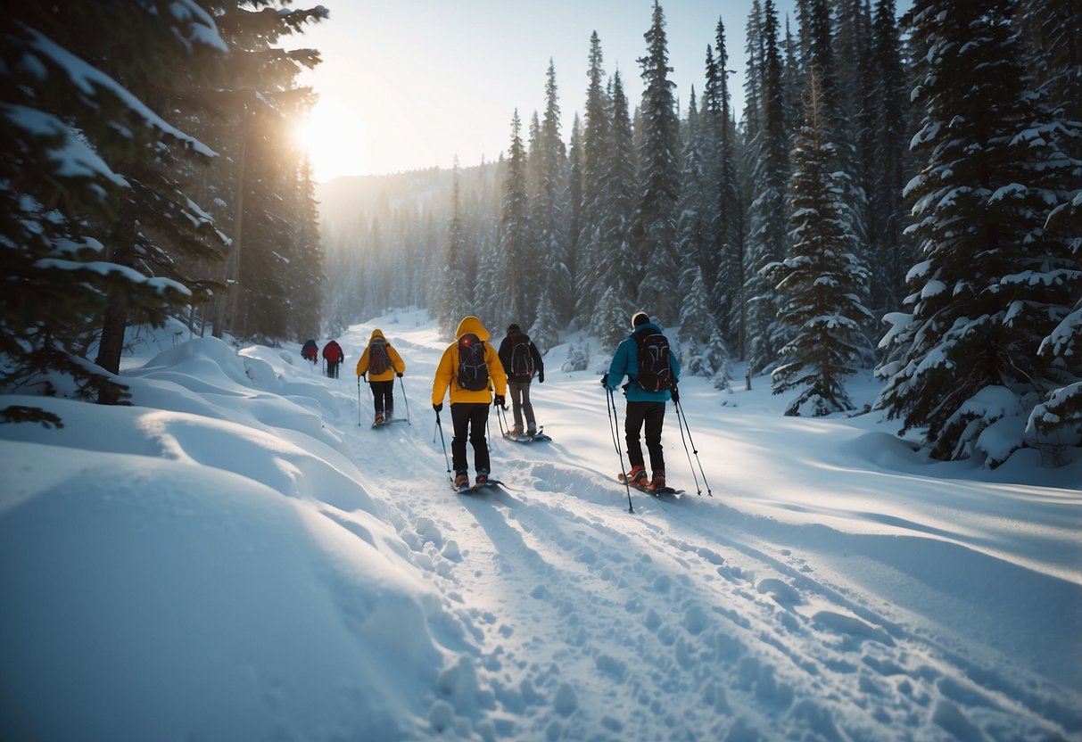 Snowshoers follow marked trails, passing through snowy landscapes. Wildlife may be observed from a distance. Caution is advised to avoid disturbing the animals