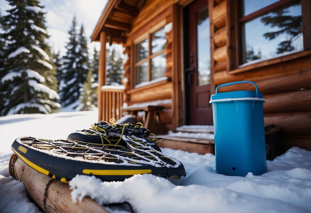 Snowshoes leaning against a cabin, with a bear-proof food container nearby. Snow-covered trees and animal tracks in the background