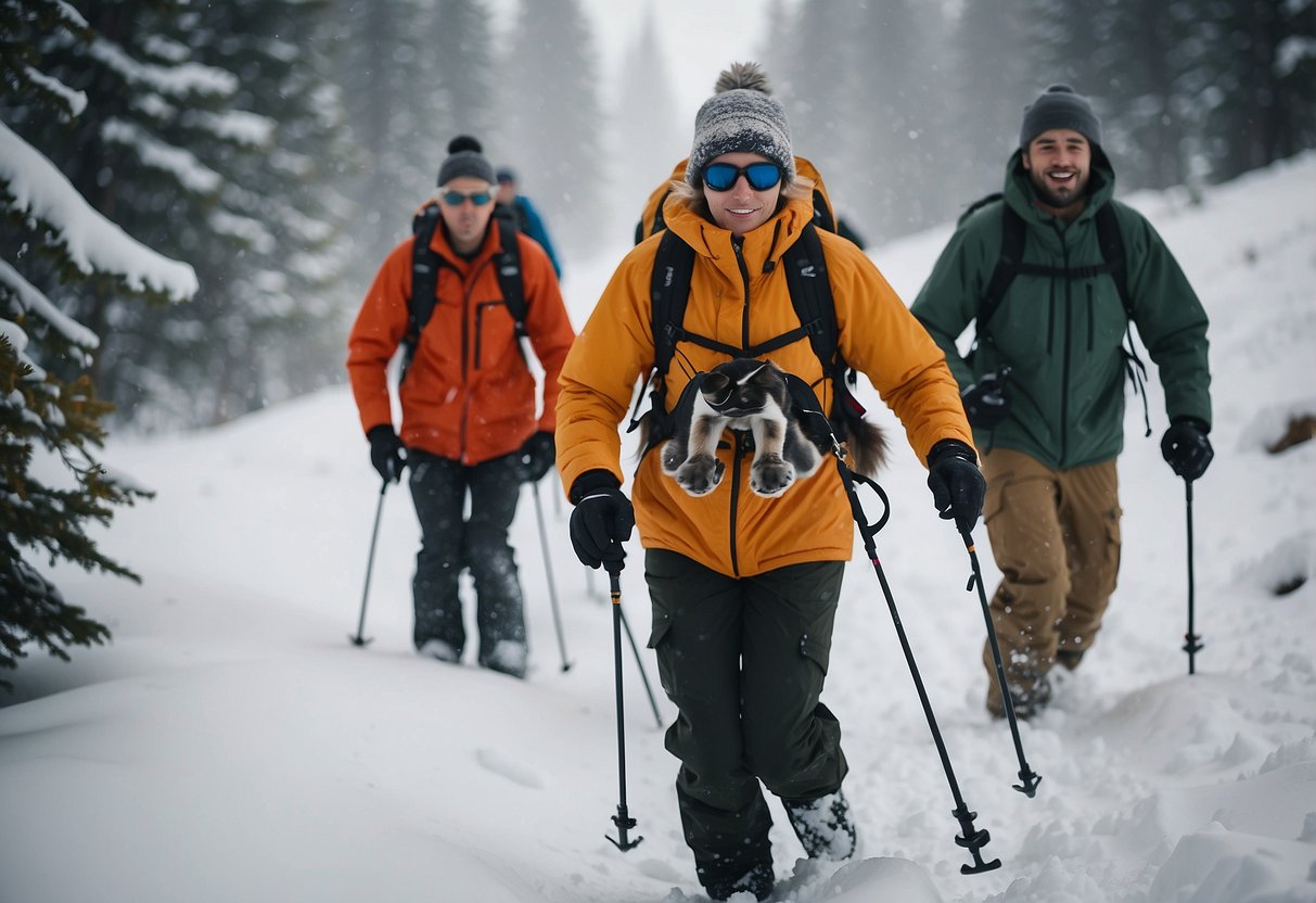 Snowshoers in a group navigate through snowy terrain. They encounter wildlife and follow tips to peacefully coexist