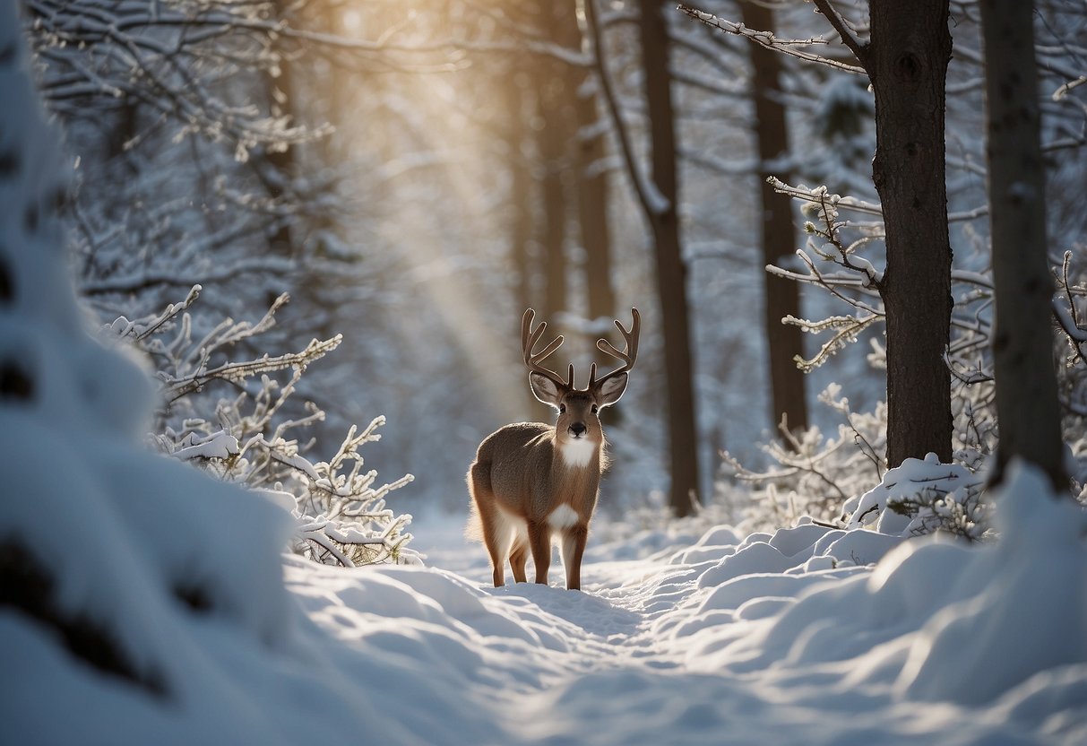 A snowshoer encounters a deer, rabbit, and squirrel in a snowy forest. They use caution and respect, keeping a safe distance from the animals