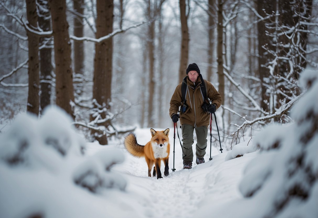 A snowshoer observes a fox hunting for prey in the snowy forest, using stealth and agility to navigate the terrain