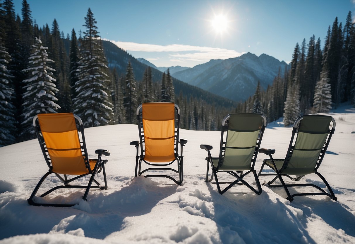 Five lightweight snowshoeing chairs arranged in a snowy mountain clearing, with a backdrop of tall pine trees and a clear blue sky