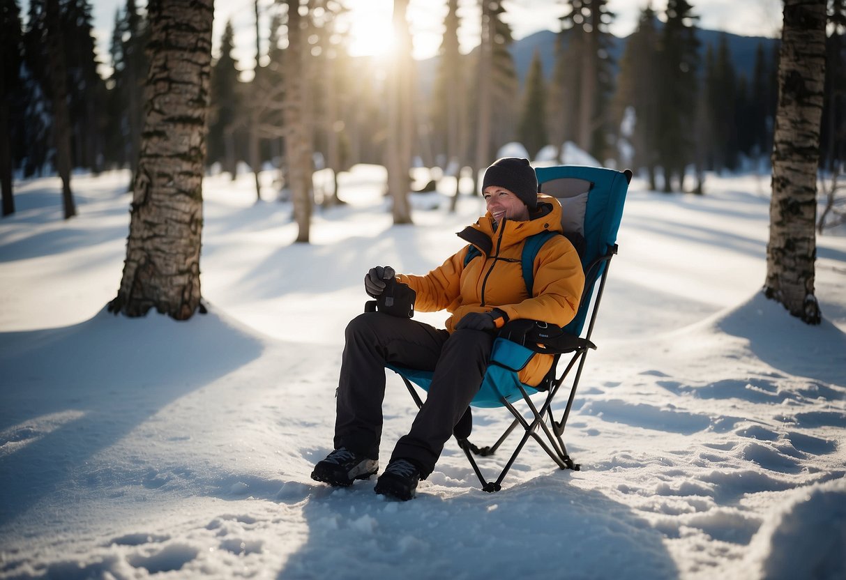 A snowshoer sits comfortably in the REI Co-op Flexlite Air Chair, enjoying the lightweight and portable design while taking in the snowy landscape