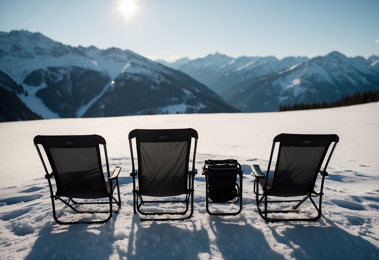 A snowy landscape with 5 lightweight snowshoeing chairs arranged in a row. The chairs are sturdy and compact, with ergonomic designs for comfort. Snow-capped mountains loom in the background