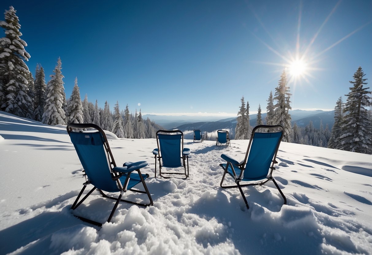 A snowy mountain trail with 5 lightweight, durable snowshoeing chairs arranged in a circle, surrounded by snow-covered trees and a clear blue sky