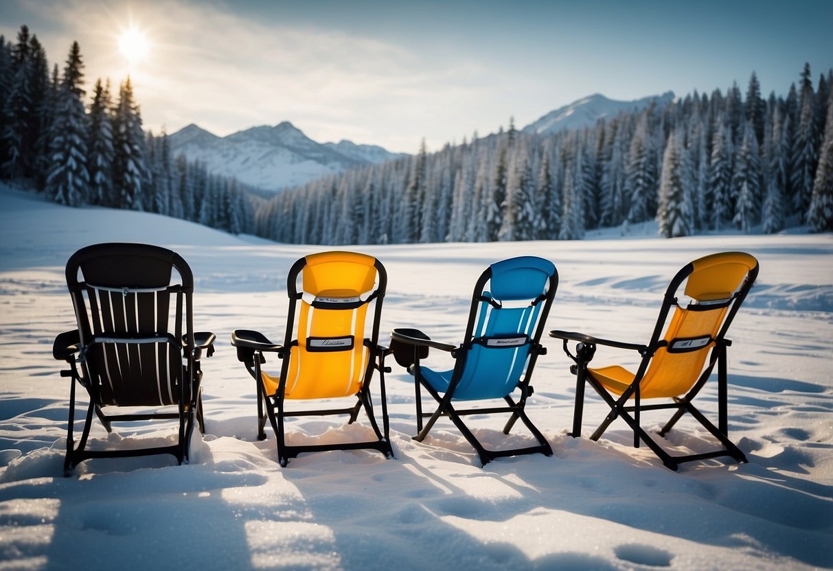 A snowy landscape with 5 different lightweight snowshoeing chairs displayed in a row, each with unique features and designs for choosing the right one