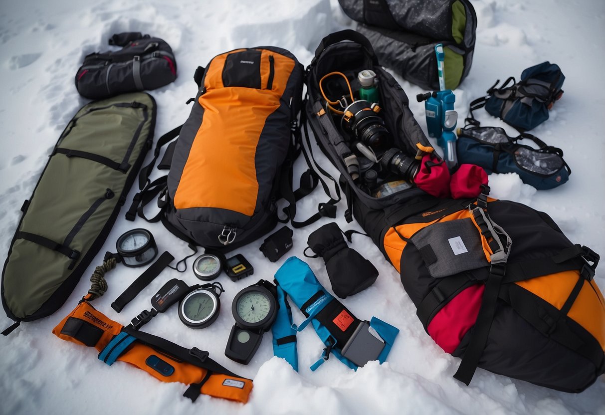 A snowshoer's gear laid out on a snowy background: compass, map, GPS, trekking poles, headlamp, whistle, first aid kit, sun protection, and snowshoes