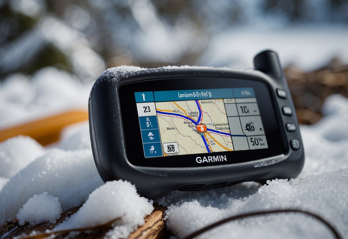 A Garmin GPSMAP 66i device sits on a snow-covered trail, surrounded by snowshoes and other essential navigation tools