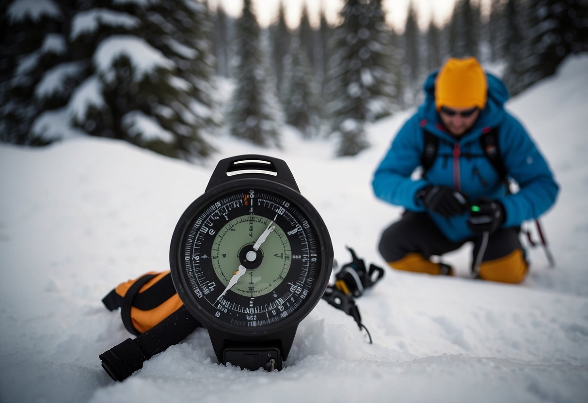 A snowshoer uses a compass, map, and GPS to navigate through snowy mountains. A signaling mirror and whistle hang from their pack, while a headlamp and firestarter are ready for emergencies