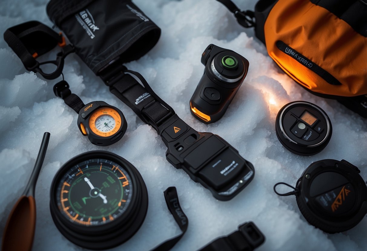 A Fenix LD22 flashlight illuminates a snowshoeing kit with essential navigation tools, including a compass, map, and GPS device