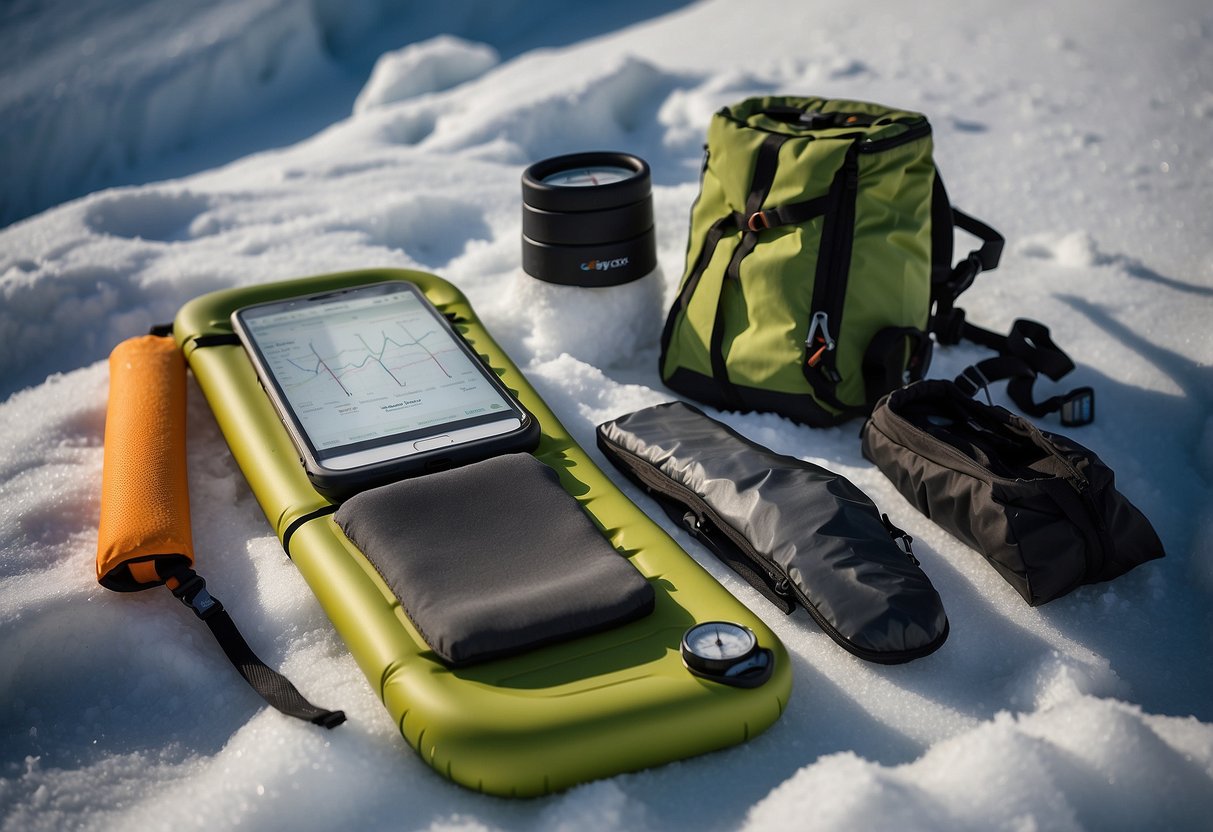 A Therm-a-Rest Z Lite Sol Pad lies next to 10 essential navigation tools for snowshoeing trips. The pad is unfolded and placed on the snowy ground, surrounded by a compass, map, and other gear