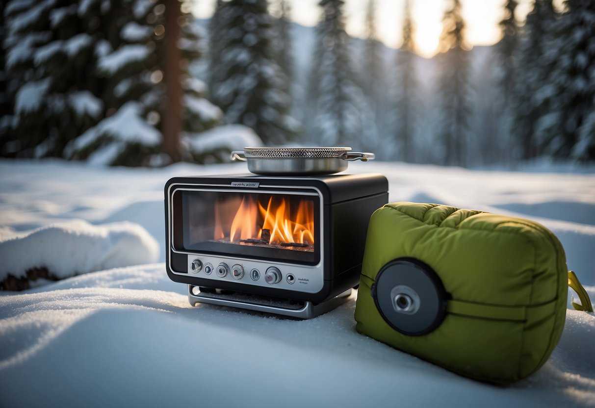 The MSR PocketRocket 2 stove sits on a snow-covered surface, surrounded by 10 essential navigation tools for snowshoeing trips. The scene is set against a backdrop of snowy mountains and evergreen trees