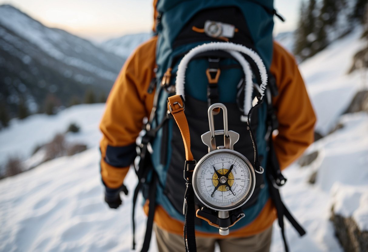 A snowy landscape with a person's backpack open, displaying 10 essential navigation tools for snowshoeing trips, including a compass, map, GPS device, and emergency whistle