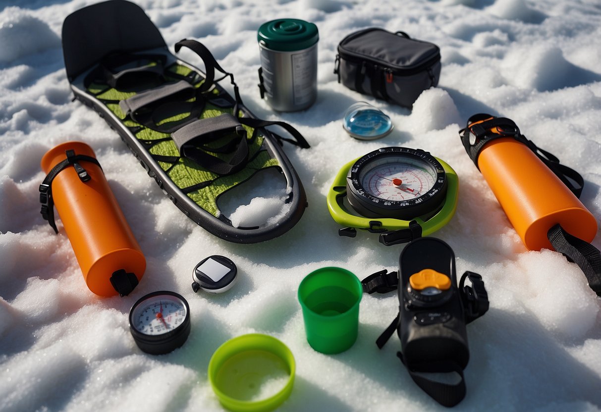 Snowshoes, compass, map, GPS, altimeter, headlamp, whistle, first aid kit, sunscreen, and water bottle scattered on snowy ground