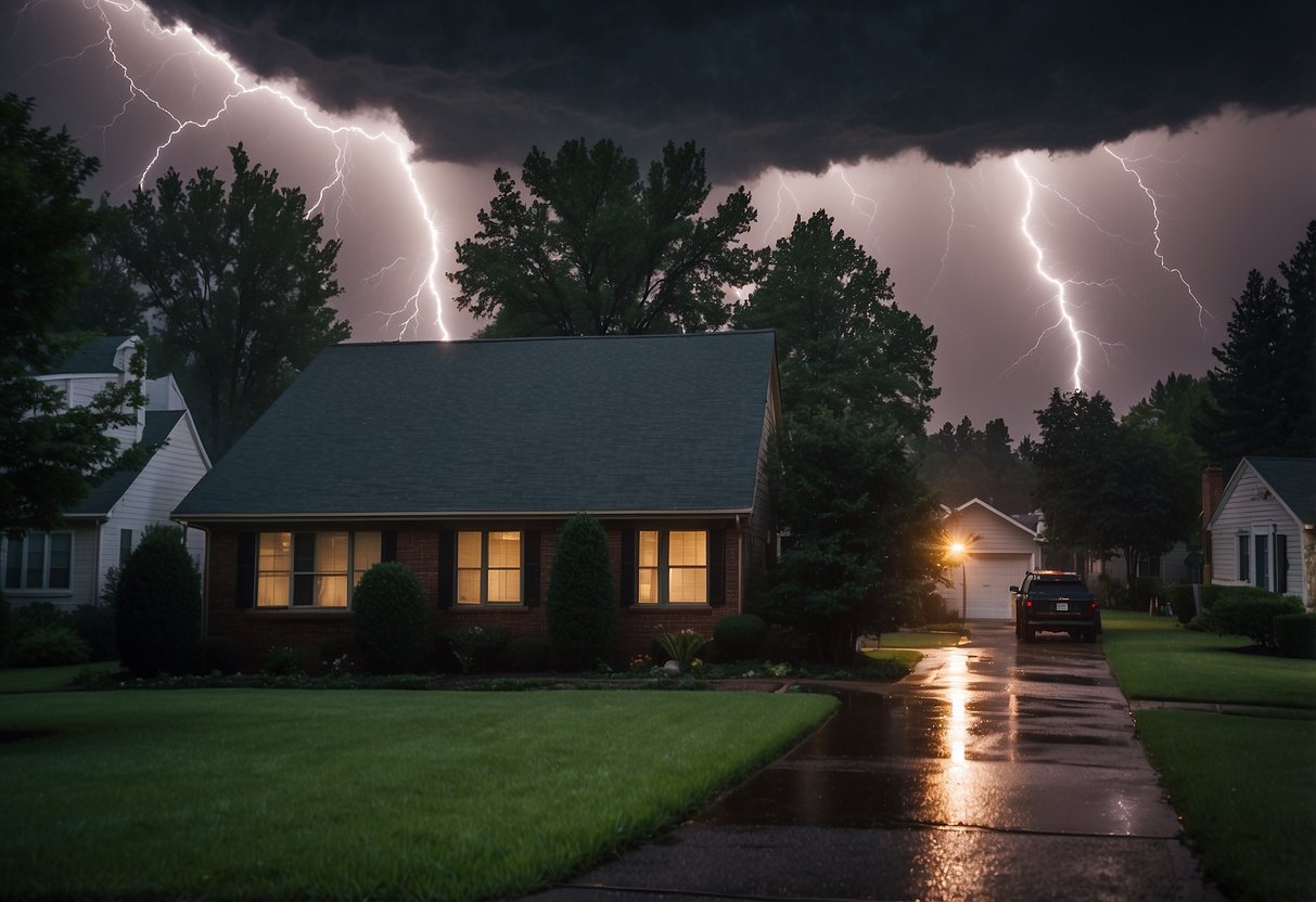 Dark clouds loom over a suburban neighborhood. Trees sway in the strong wind as lightning strikes in the distance. Rain pours down, creating puddles on the ground. A house is illuminated by a flash of lightning, emphasizing the need for safety during a