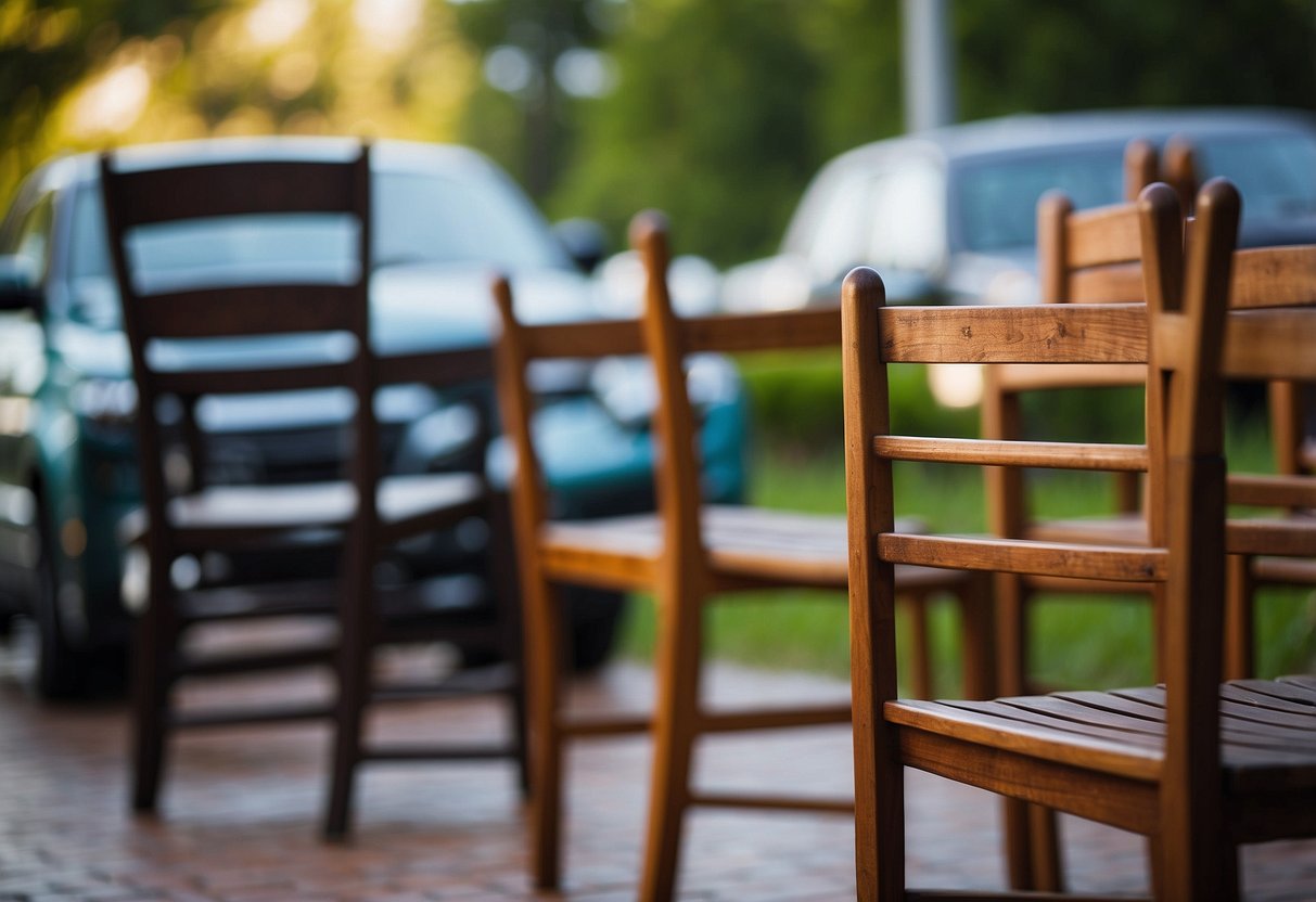 Objects are being secured in preparation for a storm. Items like chairs, tables, and outdoor decor are being tied down or brought indoors to prevent damage