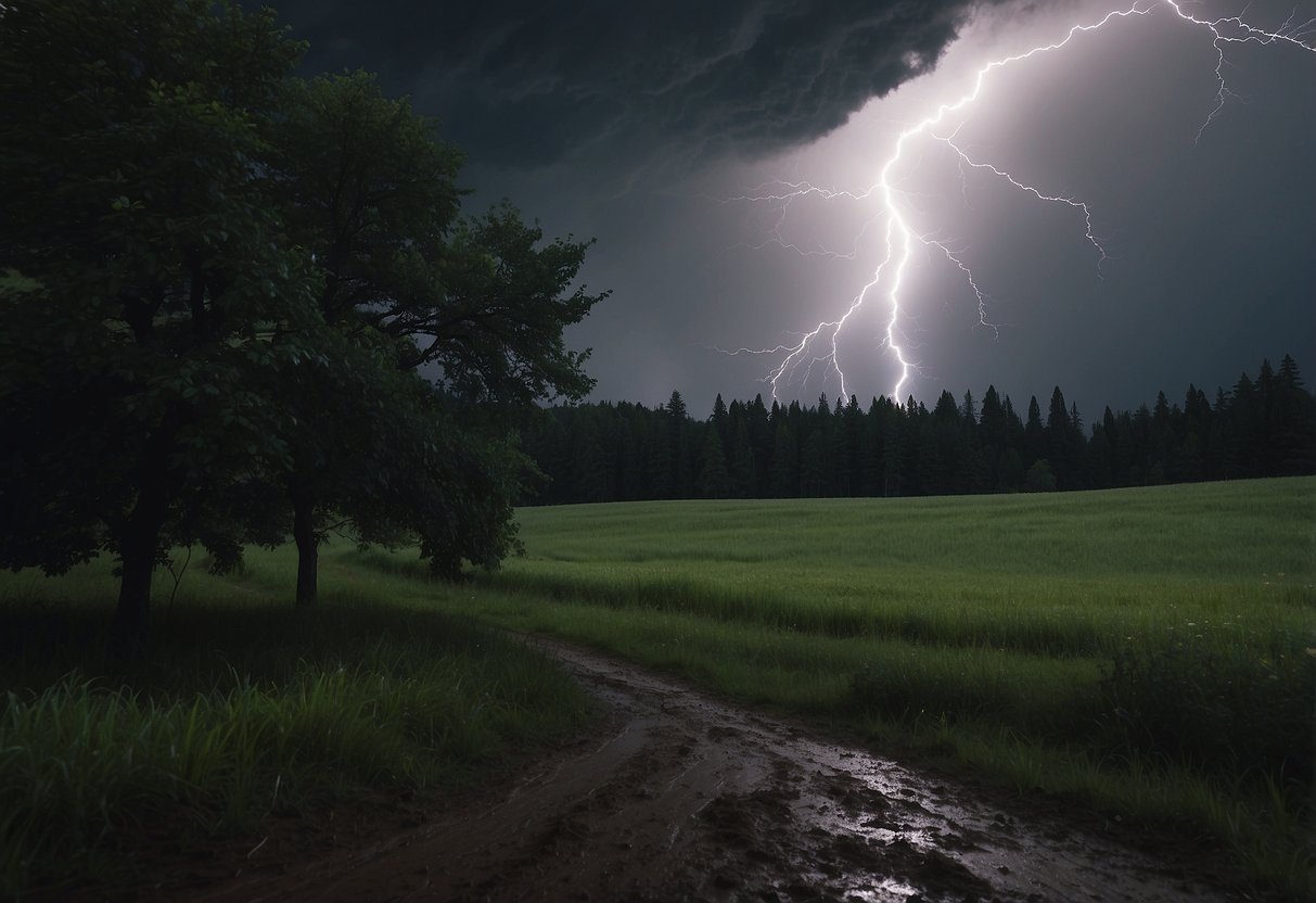 Dark stormy sky, rain pouring down, trees bending in the wind, and lightning flashing in the distance. No electrical appliances in use