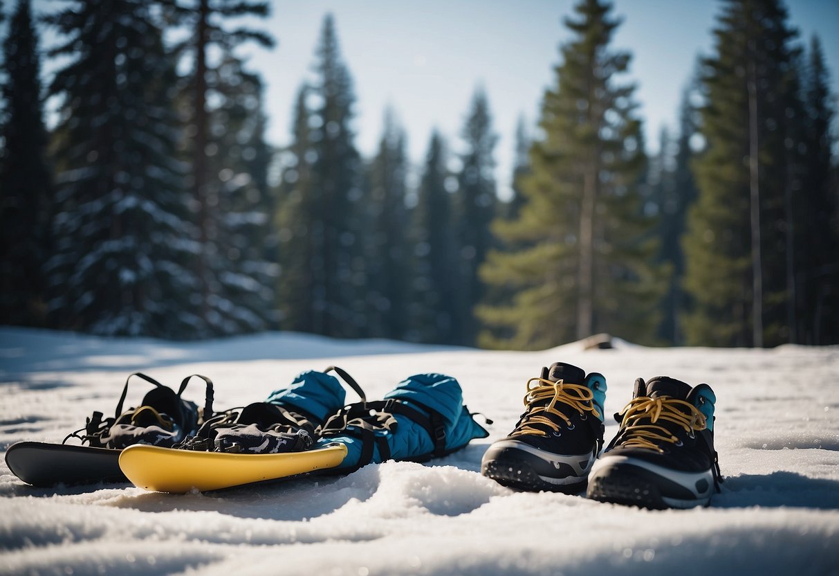 Snowshoes and jackets laid out on snowy ground, surrounded by pine trees and a clear blue sky