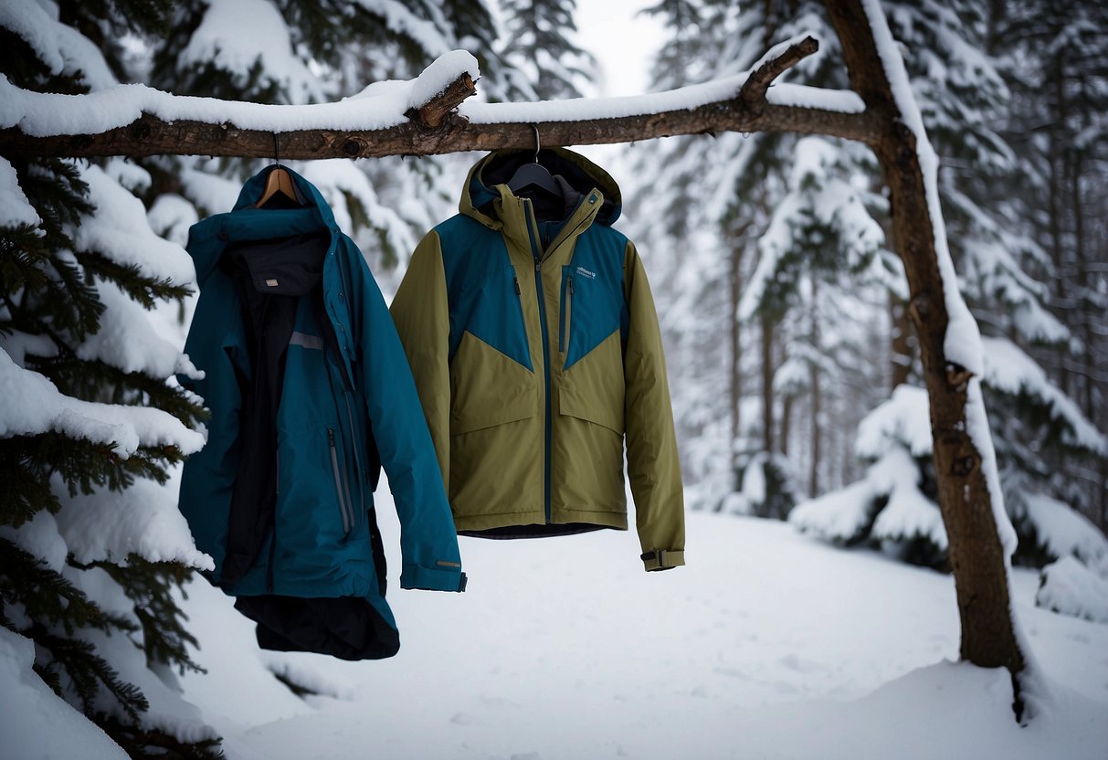 A snowy mountain trail with a lone Columbia Powder Lite Jacket hanging on a tree branch, surrounded by lightweight snowshoeing jackets