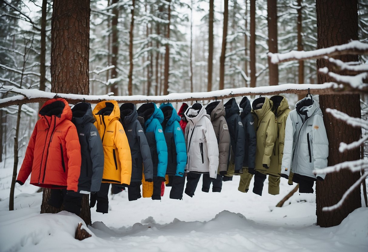 A snowy forest clearing with a line-up of 5 lightweight snowshoeing jackets hanging from tree branches, showcasing their different materials and construction