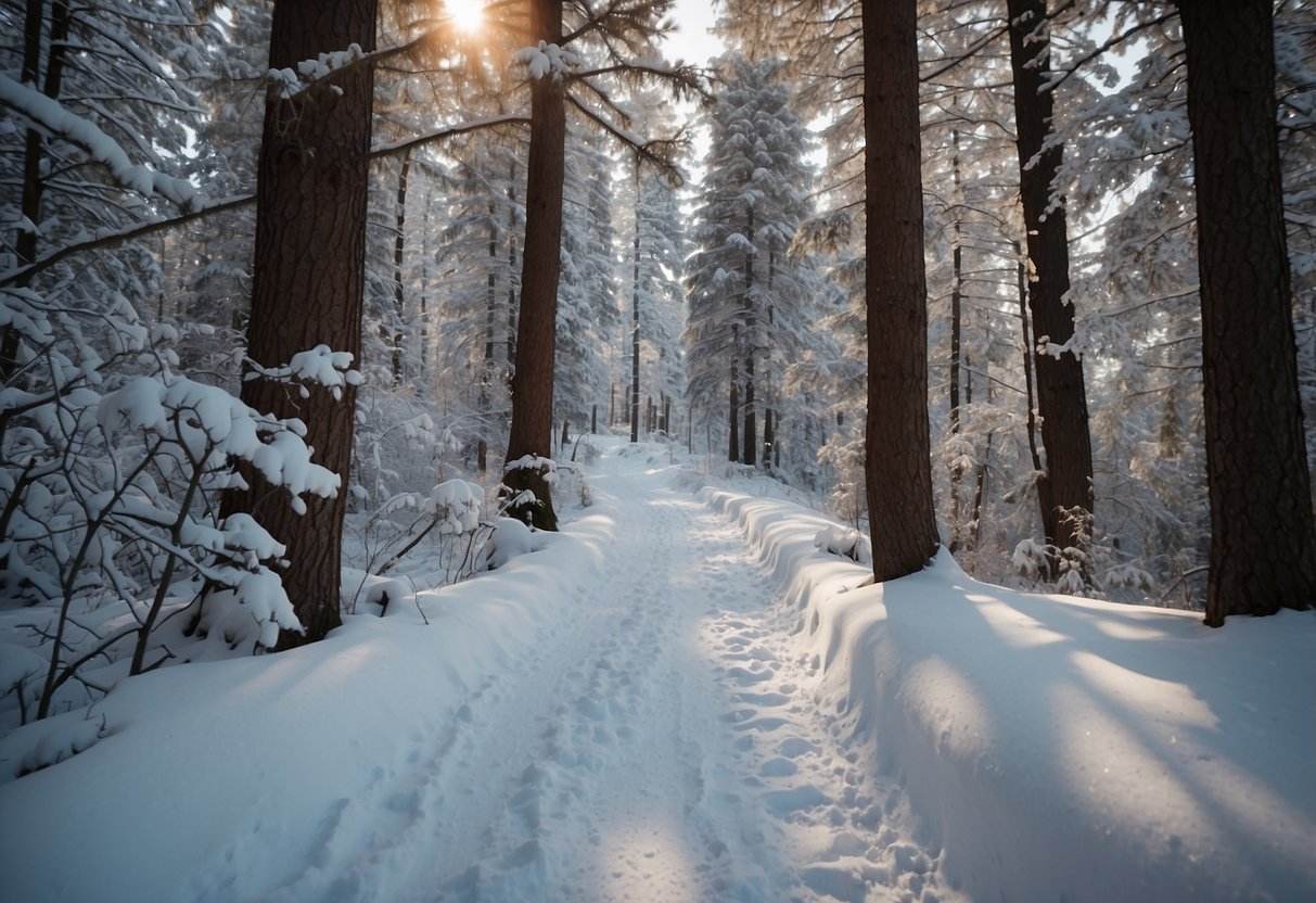 A snowy trail winds through a forest. Five lightweight jackets hang on tree branches, showcasing layering techniques for snowshoeing