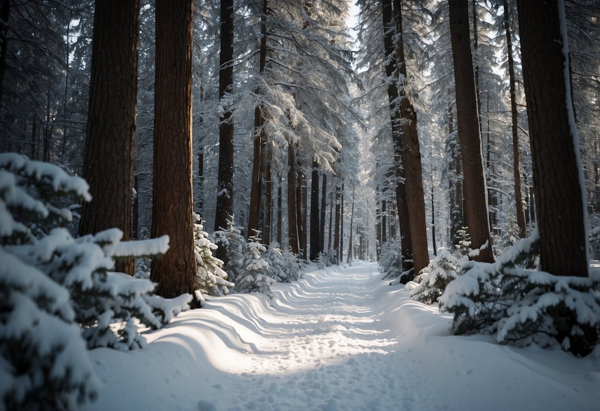 A snowy forest with a trail, showcasing 5 lightweight snowshoeing jackets hanging on trees or displayed on a log. Snowflakes falling in the background