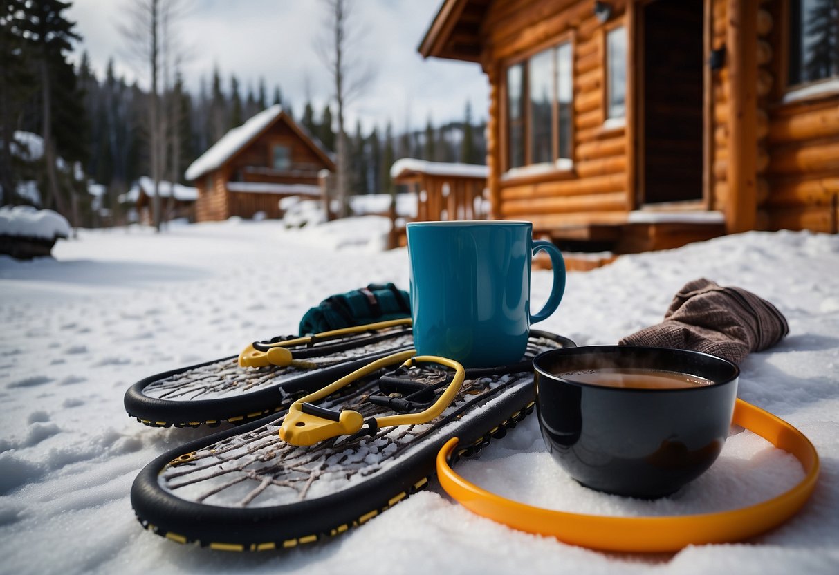 Snowshoes scattered on a snowy trail, with a cozy cabin in the background. A steaming cup of tea sits on a table, surrounded by recovery essentials like a foam roller and warm blankets