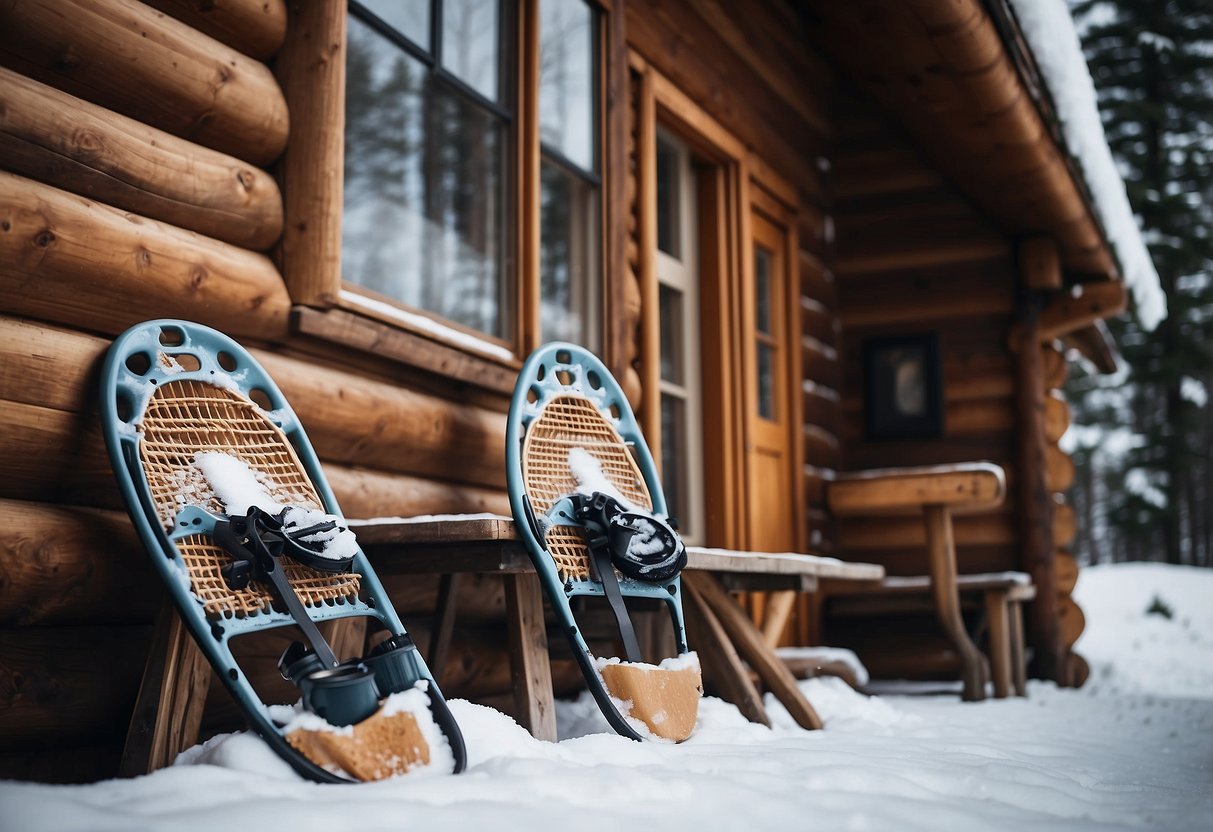 Snowshoes laid out next to a cozy cabin. A hot drink steams on a table, while a pair of worn snowshoes rest against the wall