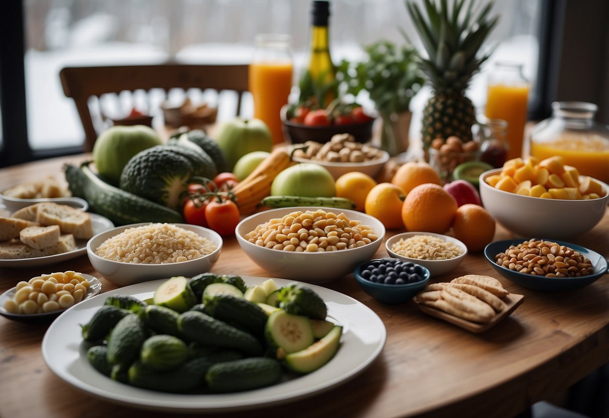 A table with a variety of healthy foods, such as fruits, vegetables, lean proteins, and whole grains, surrounded by snowshoes and recovery gear