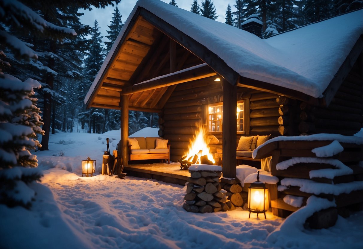 A cozy cabin in a snowy forest, with a warm fire crackling in the fireplace, a comfortable bed with fluffy blankets, and a pair of snowshoes resting against the wall