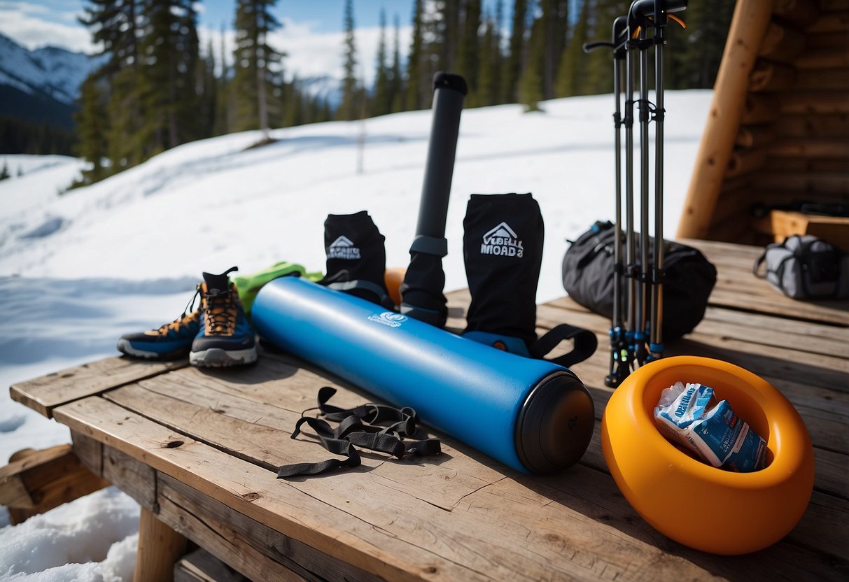 Snowshoers' compression socks laid out with recovery items: water bottle, foam roller, and snack. Snowshoes and poles leaning against a cabin