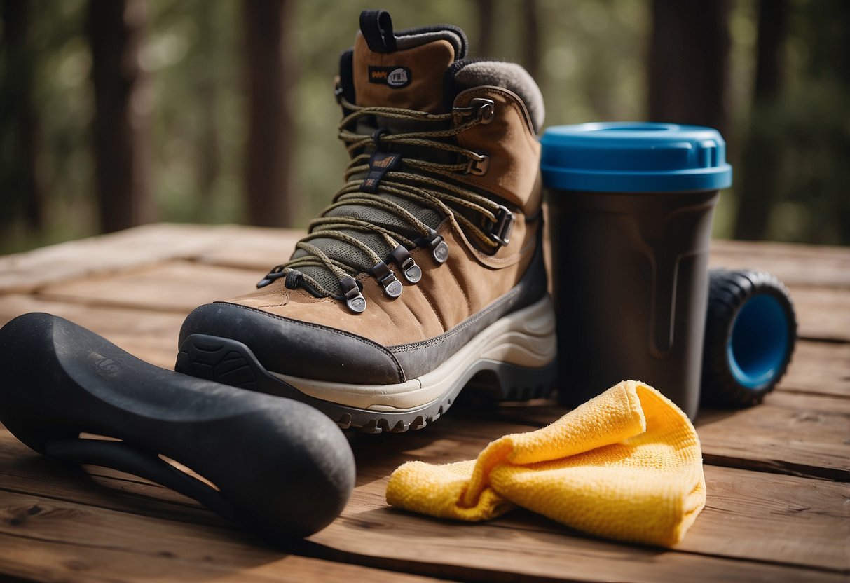 A snowshoe and foam roller sit on a wooden floor next to a pair of hiking boots. A water bottle and towel are placed nearby, suggesting a post-trip recovery routine for snowshoers