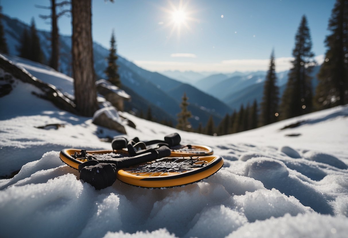 A snowy mountain landscape with a pair of snowshoes resting against a tree, surrounded by topical analgesics and recovery items