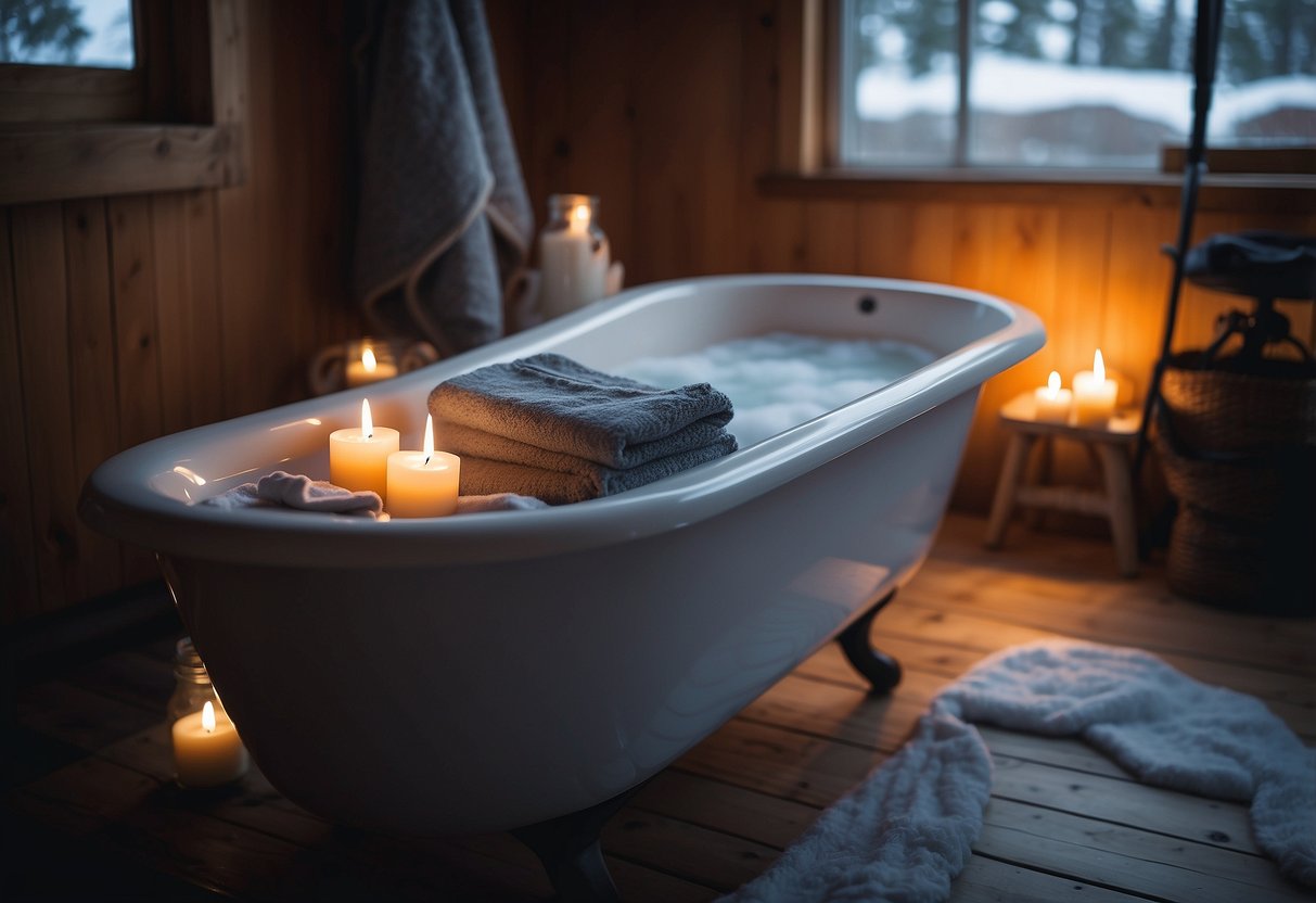 A cozy bathroom with a steaming bath, fluffy towels, and soothing candles. Snowshoes and gear are neatly arranged nearby, hinting at a recent outdoor adventure