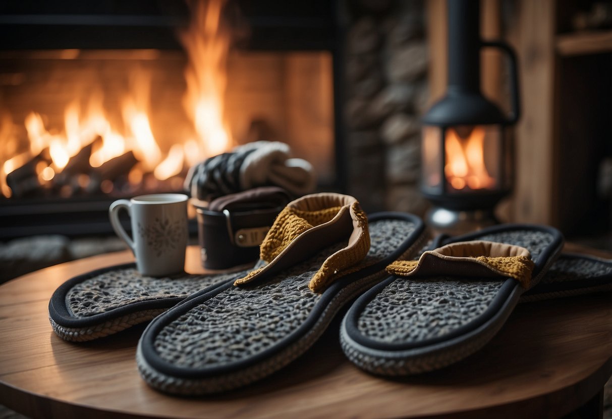 Snowshoes sit by a cozy fireplace, surrounded by warm blankets and hot beverages. A foam roller and stretching mat are nearby, along with a journal for reflection