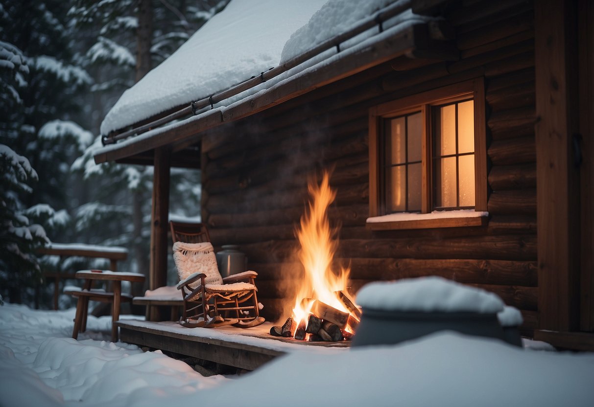 A cozy cabin nestled in a snowy forest, with a warm fire crackling in the fireplace. A pair of snowshoes sit by the door, while a steaming mug of tea rests on a table