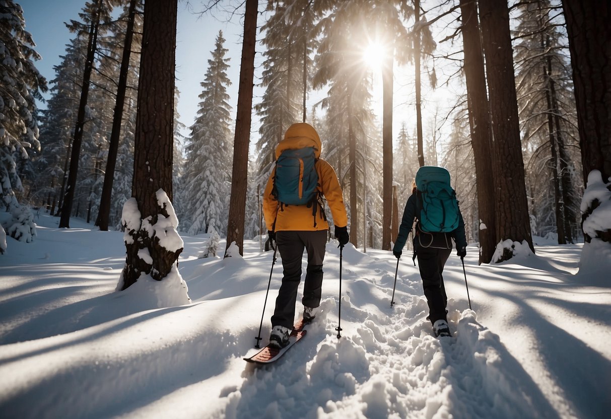 Snowshoers trek through snowy forest, surrounded by tall trees and fresh powder. The sun shines through the branches, casting long shadows on the ground