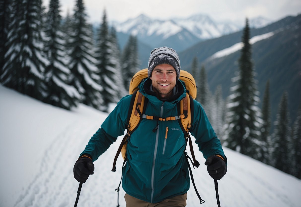 Snowshoer in moisture-wicking clothing trekking through snowy landscape, surrounded by tall trees and mountains in the distance