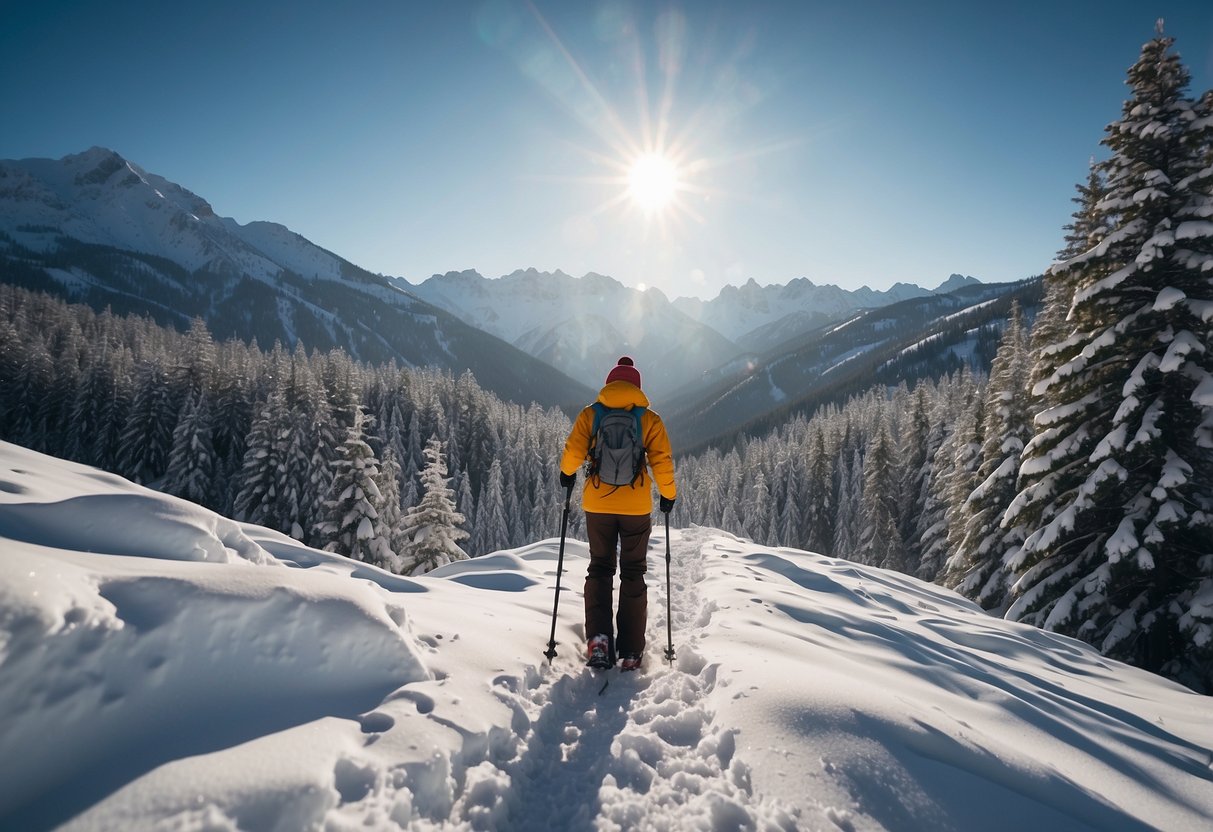 Snowshoer adjusts poles, trekking through snowy landscape. Trees and mountains in distance. Bright sky overhead