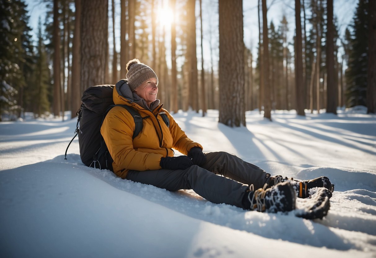 A snowshoer takes a break on a snowy trail, surrounded by tall trees and a serene winter landscape. The sun glistens off the snow, creating a peaceful and inviting atmosphere for a rest stop