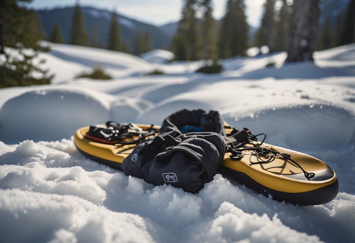 Snowshoeing pants laid out on a snowy trail, surrounded by pine trees and mountains in the background