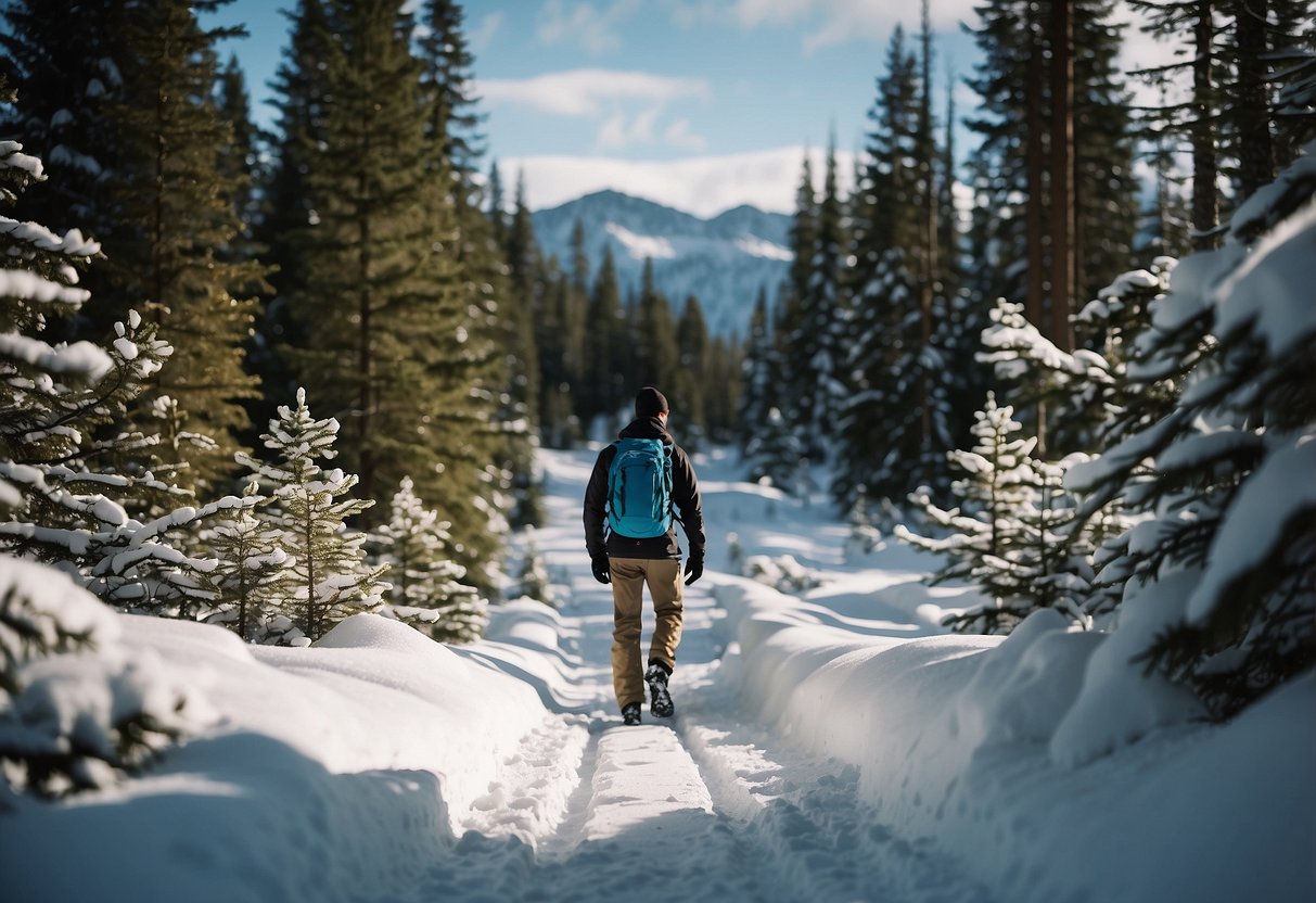 Snow-covered trail, pine trees lining the path, person in Arc'teryx Gamma LT Pants snowshoeing through the serene winter landscape